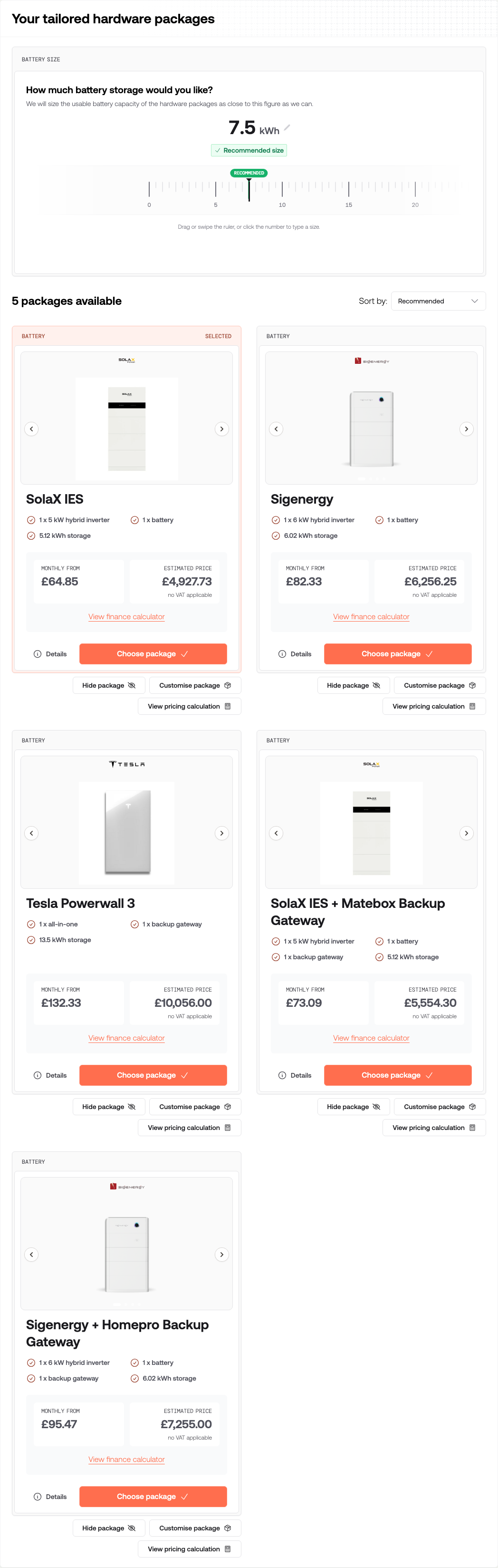 The Your tailored hardware packages section showing the battery storage picker on the recommended size, and battery packages with Choose package, Hide package, Customise package and View pricing calculation