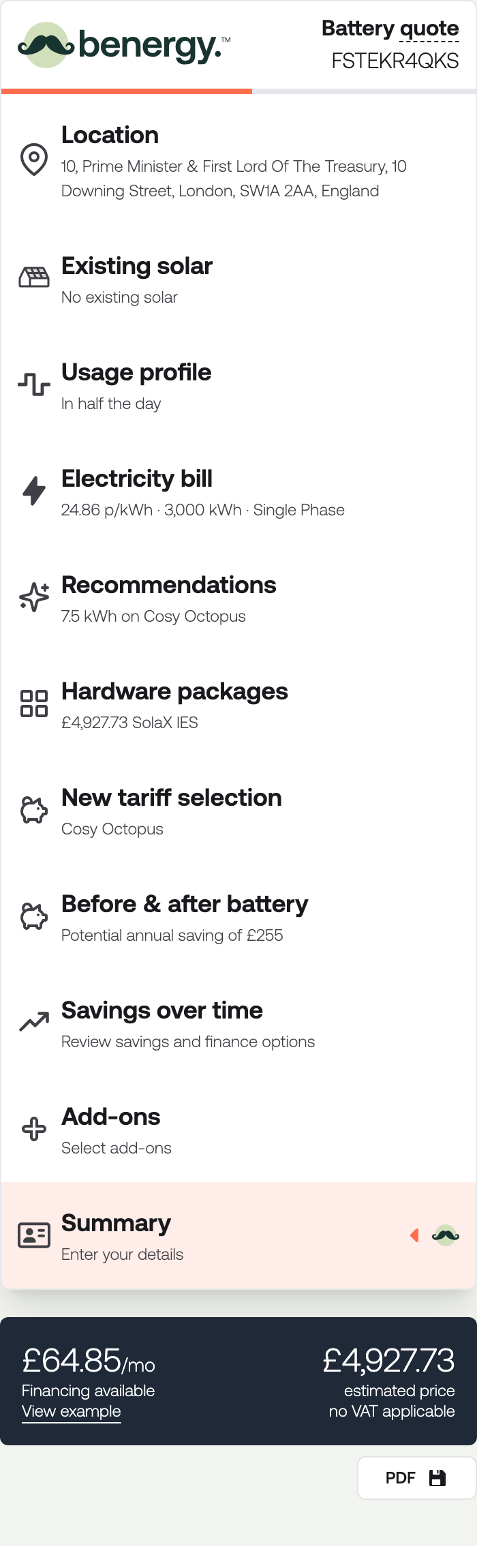 The quote sidebar listing every section with a one-line summary under each, and the price at the foot