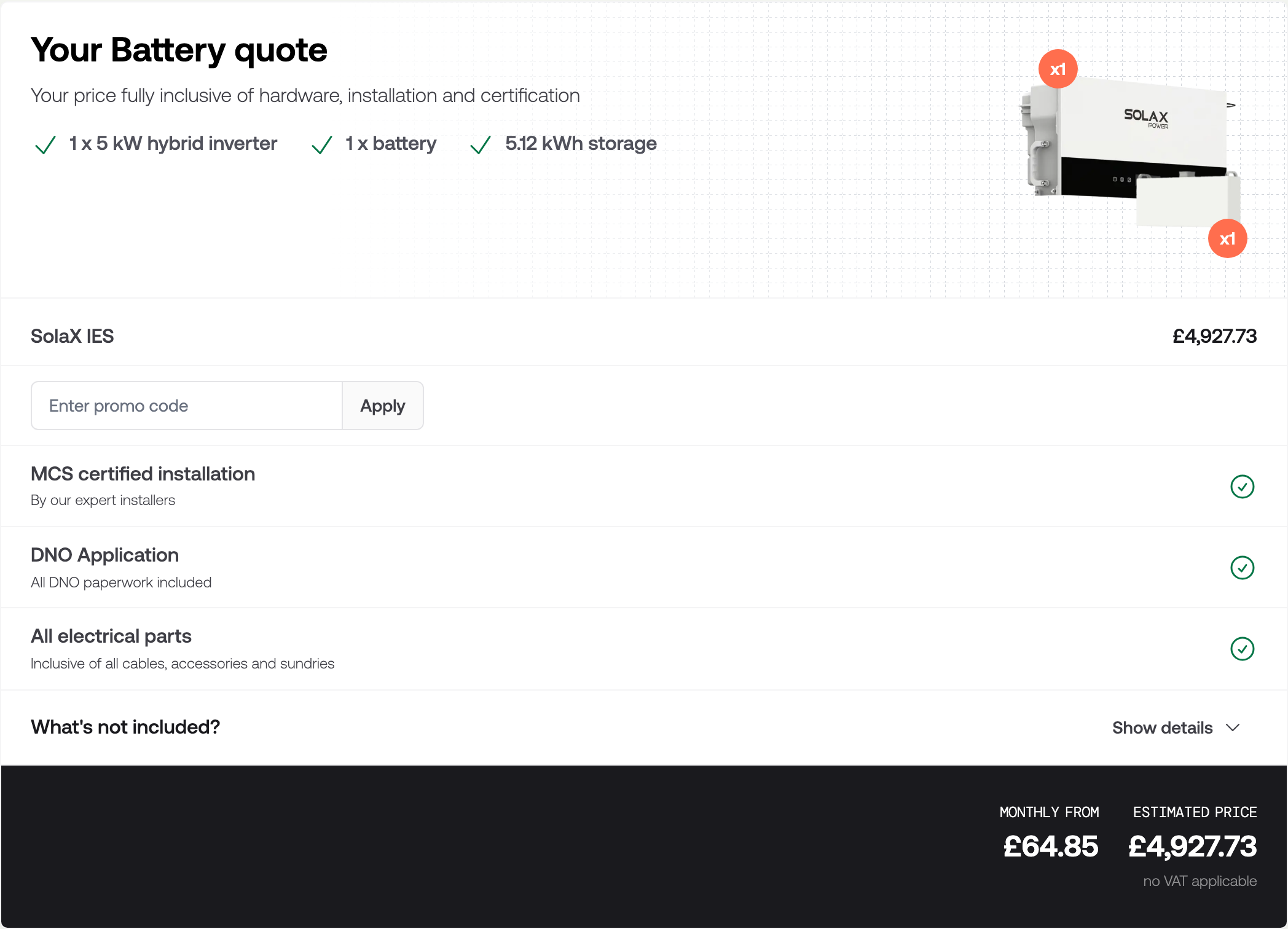 The summary section showing the itemised price, what is included, and the estimated price