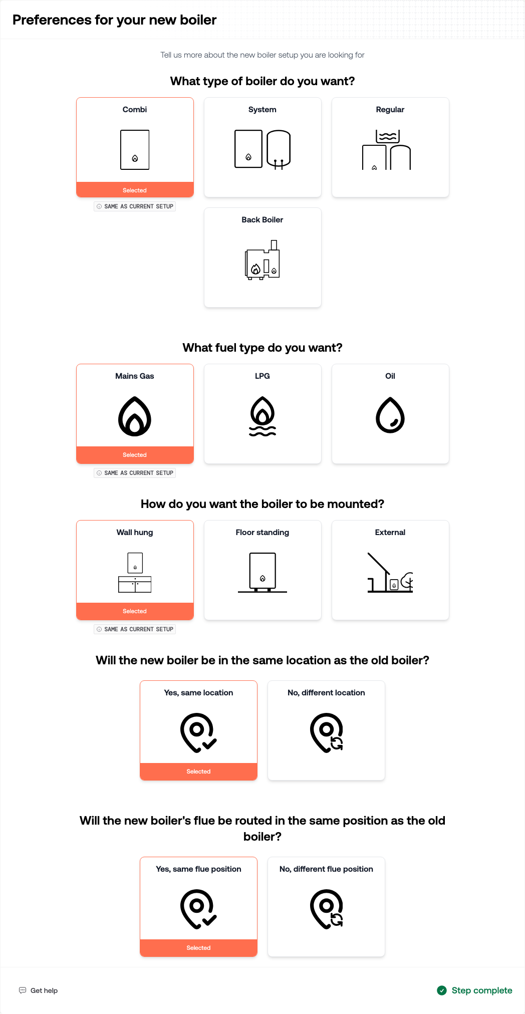 The New boiler section asking for type, fuel, mounting, and whether the location and flue stay the same