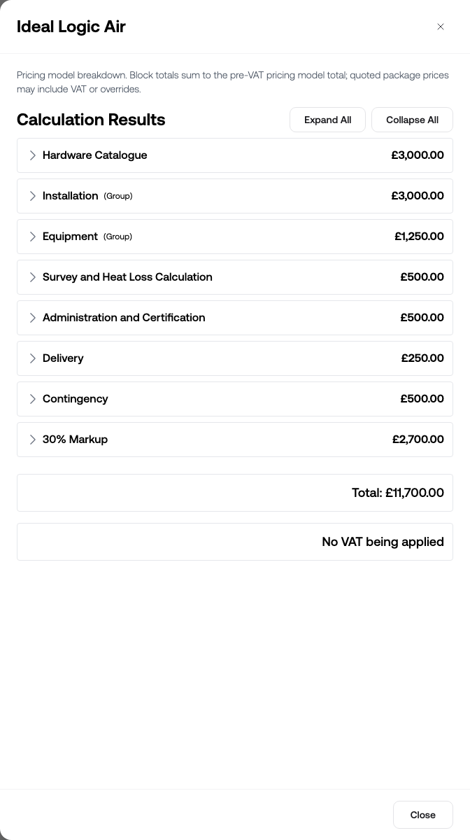 The View pricing calculation sheet showing the pricing model breakdown for a heat pump package